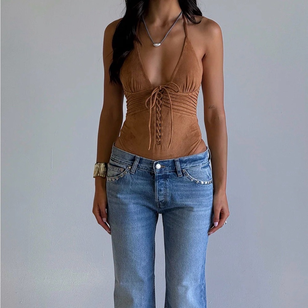 Frankie's Bikinis x BELLA HADID Barrel Suede One Piece Swimsuit NWT